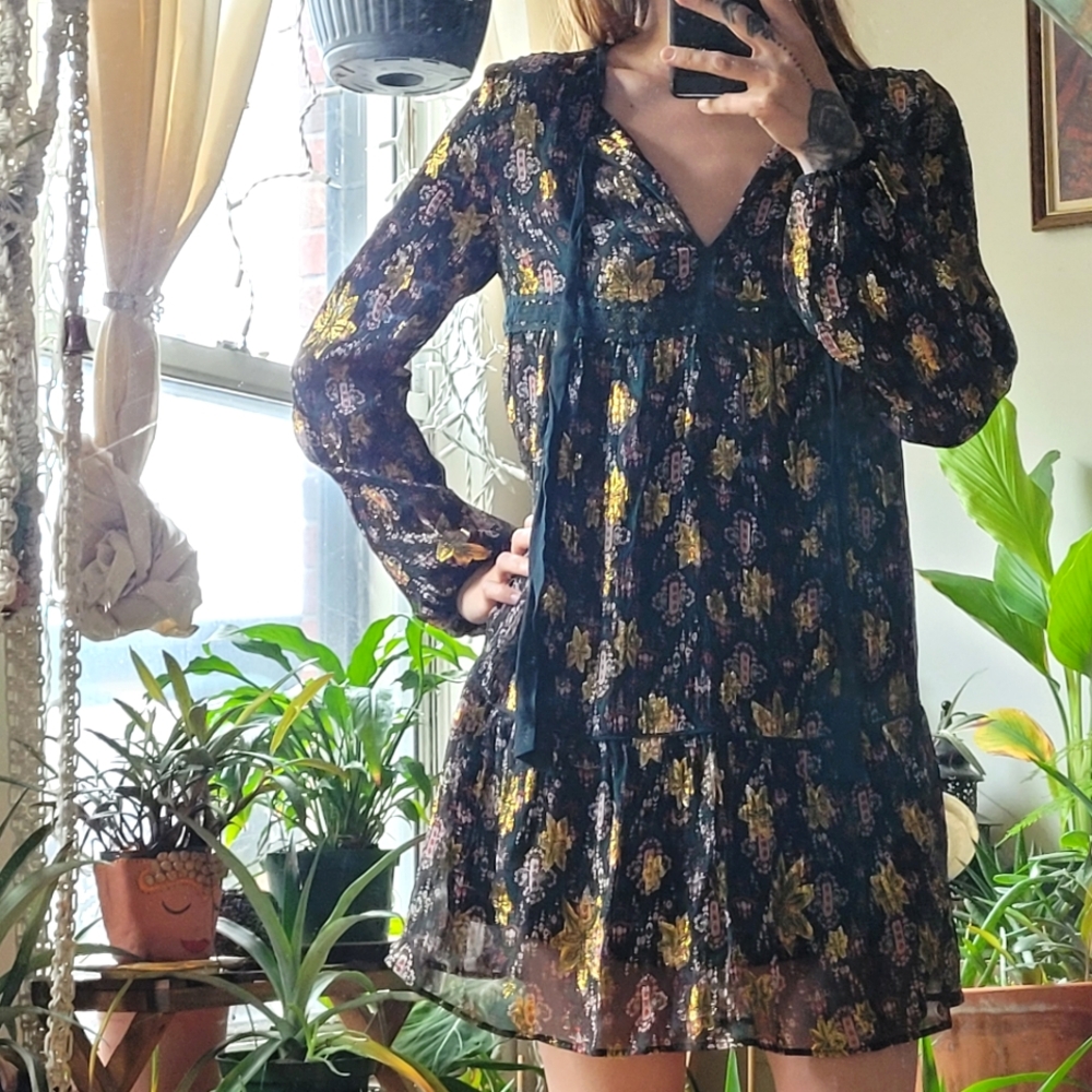 Sezane 85% silk mini long sleeve dress golden floral print - size 36